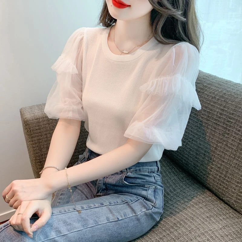 2025新款圆领超仙拼接网纱针织小衫洋气女泡泡袖雪纺拼接上衣