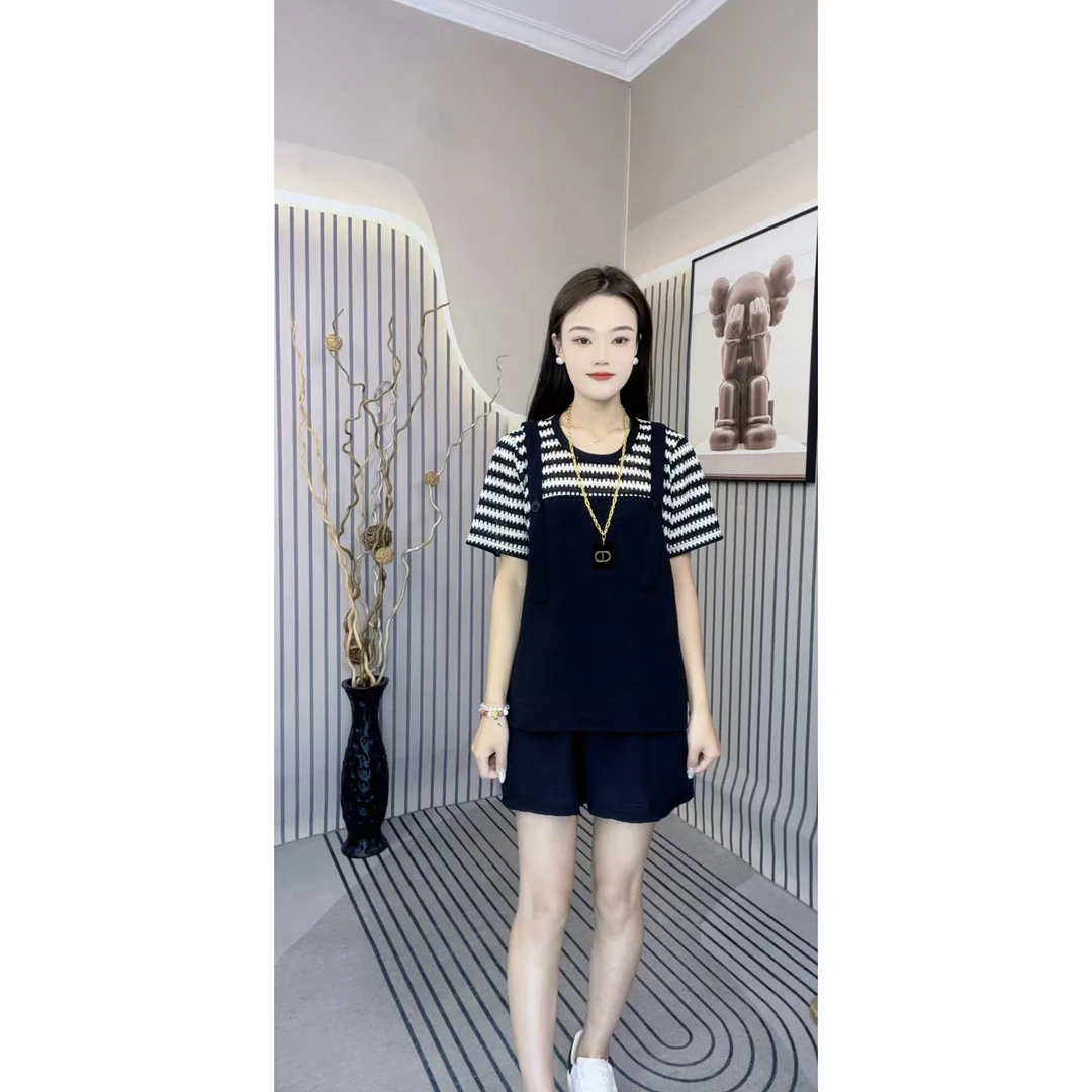 短裤套装韩版条纹短袖假背带加肥加大时尚夏季T恤减龄百搭套装 2