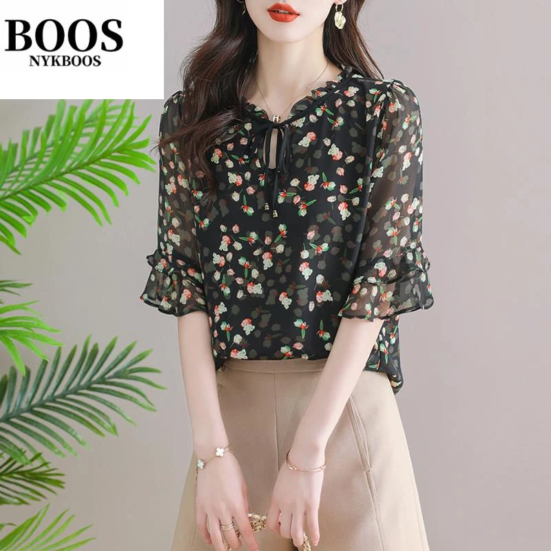 碎花雪纺衬衫女短袖夏季2025新款洋气时尚衬衣荷叶袖上衣气质小衫