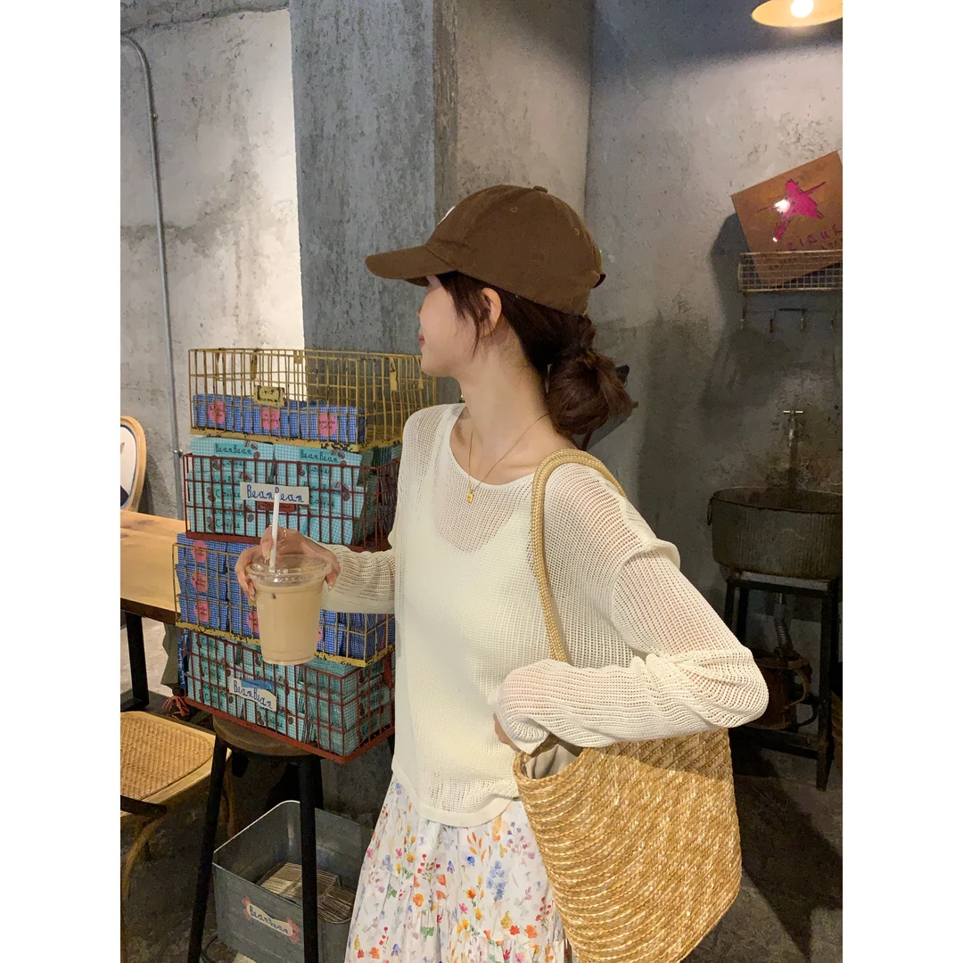 【C·Cai】韩版镂空纯色简约百搭针织背心+薄款休闲长袖套装2555#