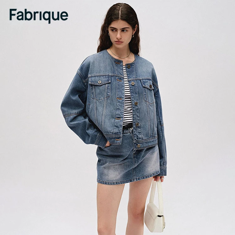 Fabrique早春美式复古做旧宽松圆领女款爆款休闲显瘦牛仔夹克外套