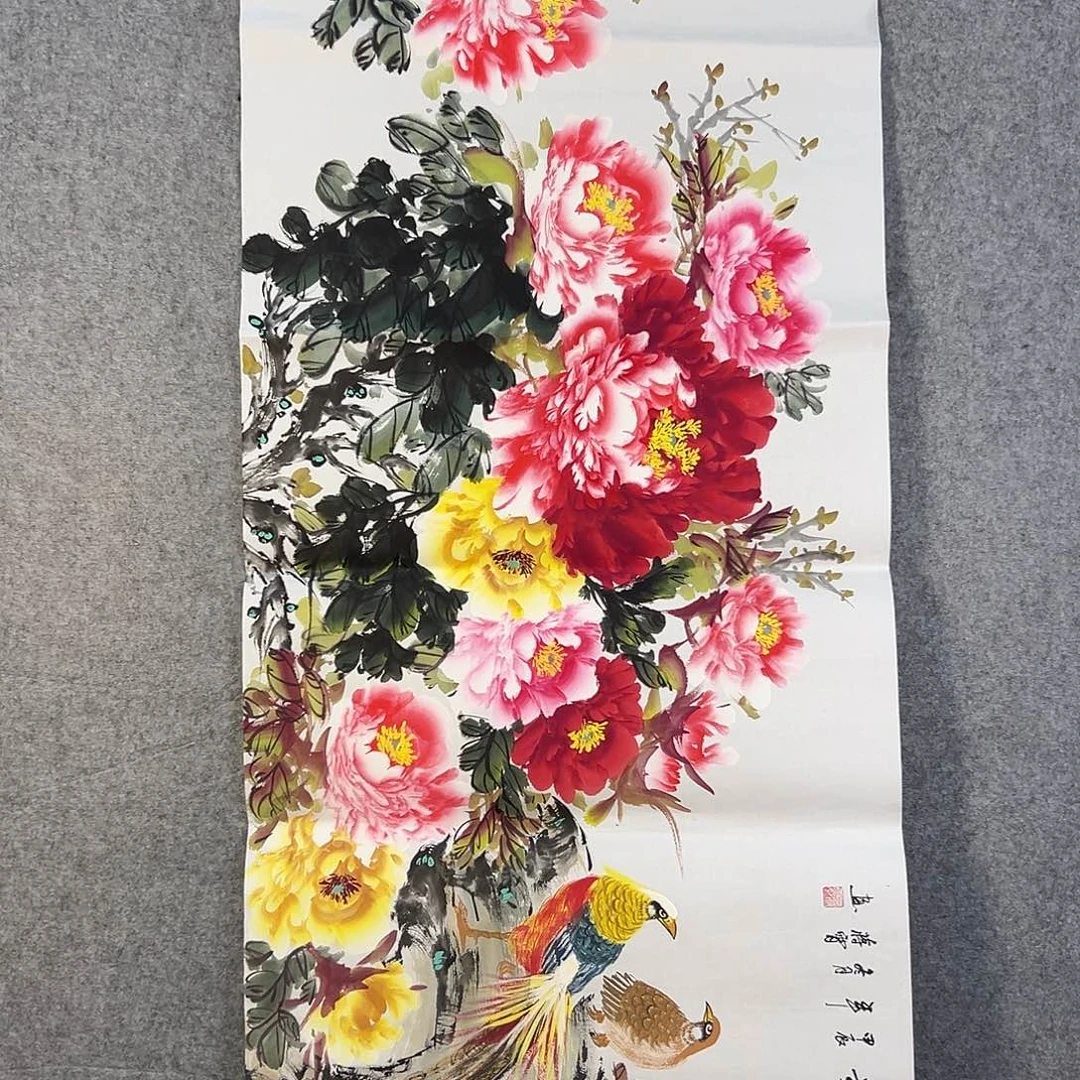 国画082 牡丹花鸟等画风与山水的