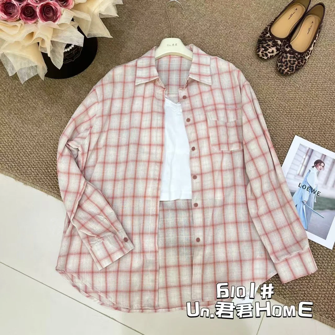 君君家【真两件】6101韩系设计感小众格子衬衫+带胸垫蕾丝吊带背心