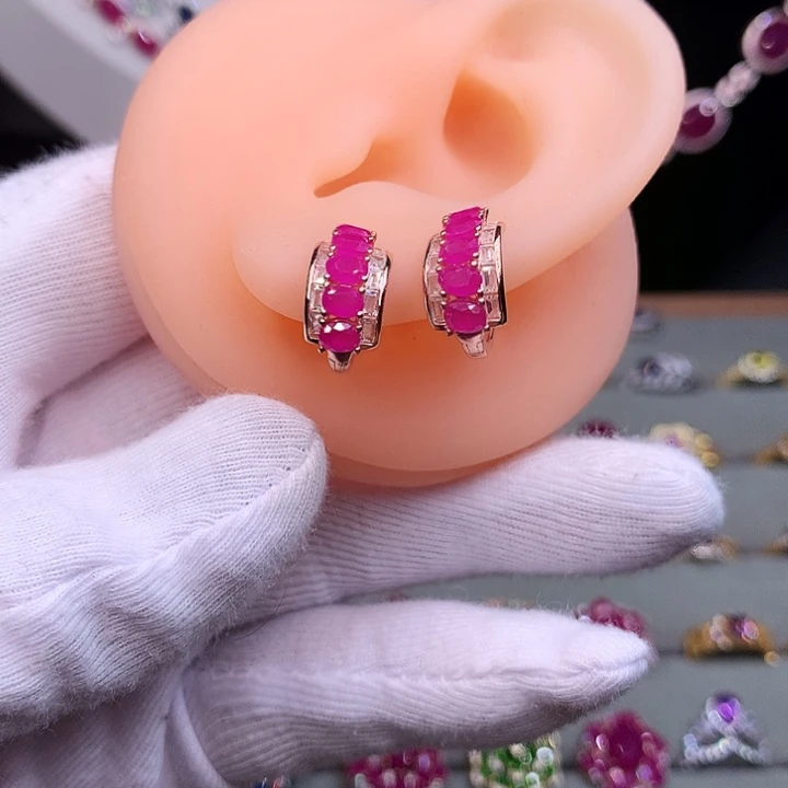 红宝石耳饰银S925镶嵌