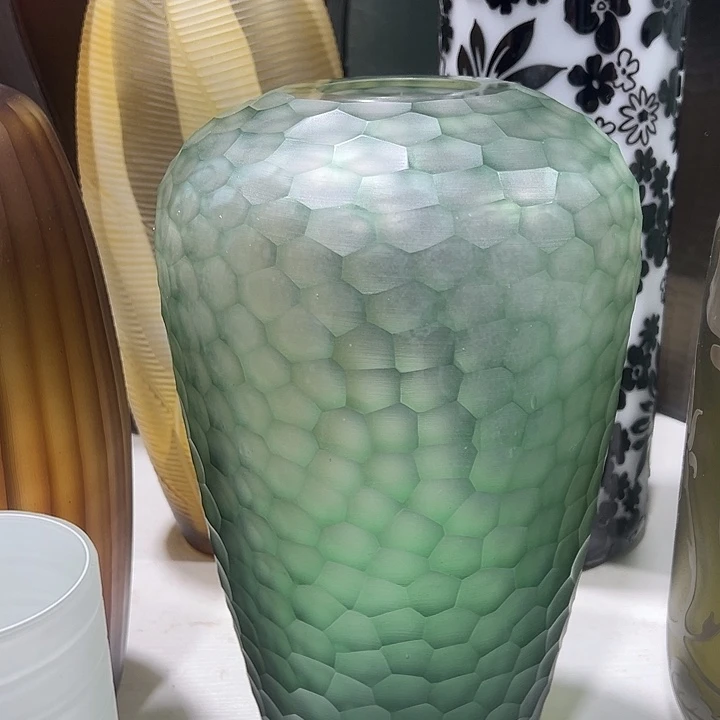 手工艺品琉璃绿色磨刻花瓶花器高36口7