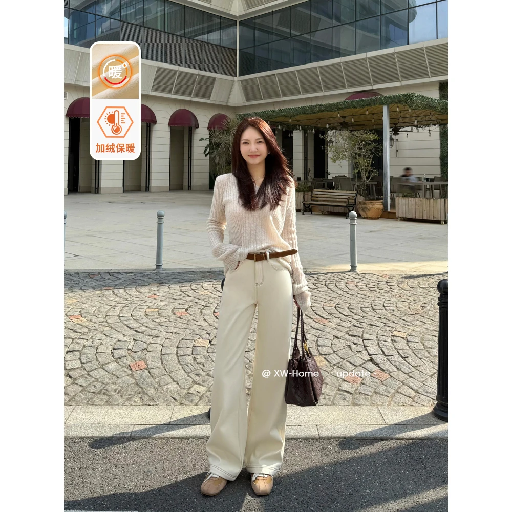 小王家秋冬杏白窄版直筒阔腿裤加绒牛仔裤女款新款休闲裤子89138