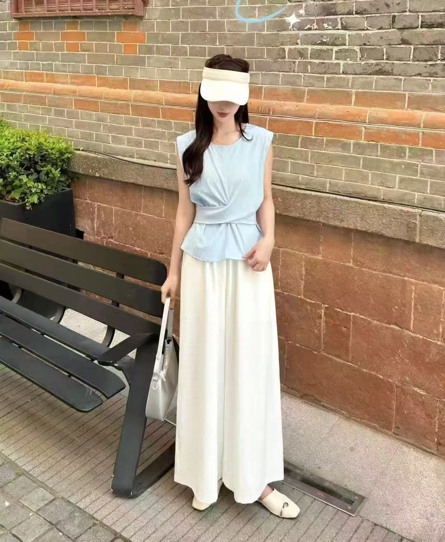 5801#显瘦森系气质休闲风纯色时尚套装上衣百搭洋气度假风