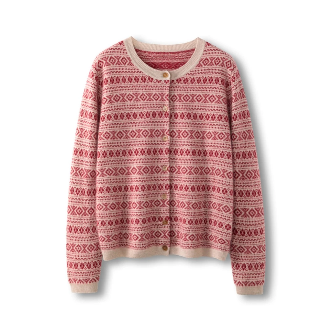 100%山羊绒-加厚复古落肩袖女士针织衫宽松提花女上衣