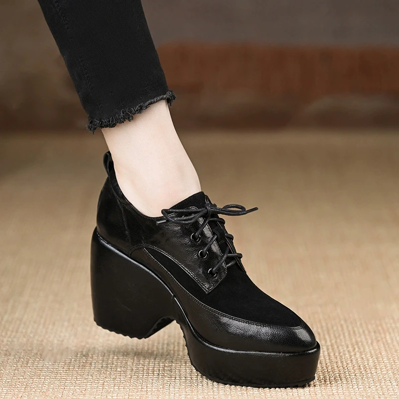 小个子增高9cm~新款厚底高跟单鞋粗跟英伦风小皮鞋坡跟增高乐福鞋