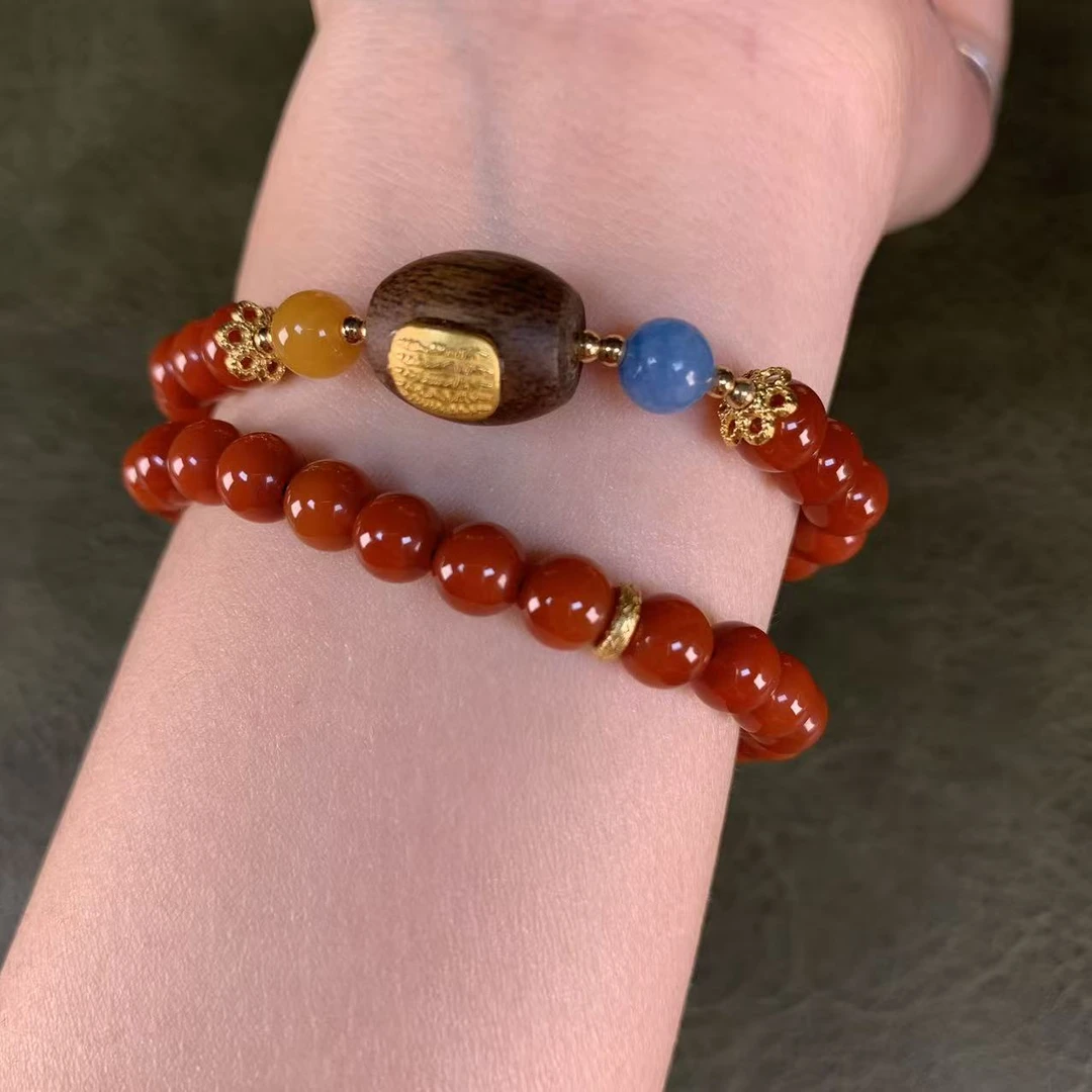 南红玛瑙+沉香珠双圈手串MK1095