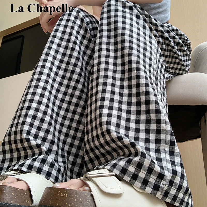 拉夏贝尔复古格纹阔腿裤女夏薄款松紧腰高腰显瘦小个子直筒休闲裤