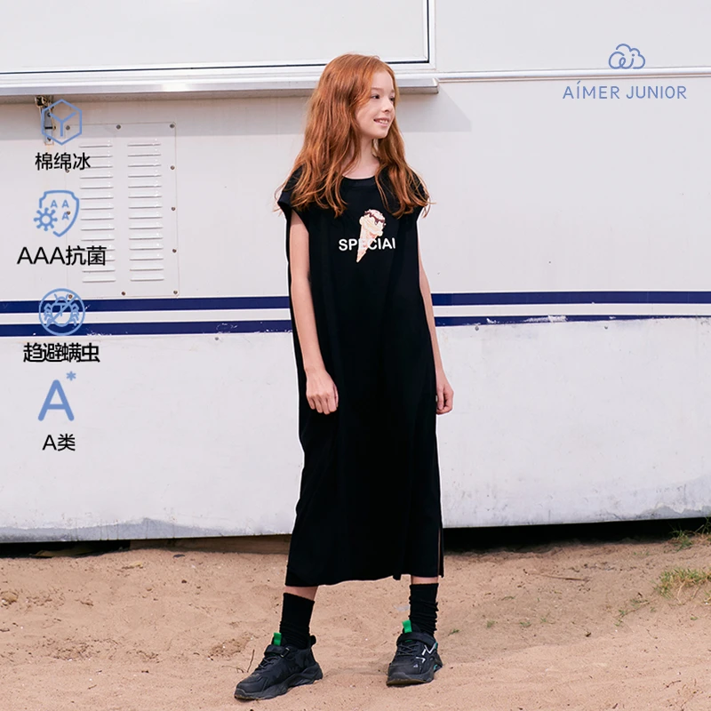 爱慕少女冰冰甜酷冰淇淋女孩凉感棉透气夏季宽松中长款连衣裙DB