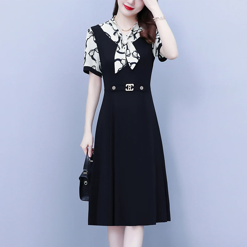 胖短袖蝴蝶结领印花拼接连衣裙气质优雅显瘦中妈妈
