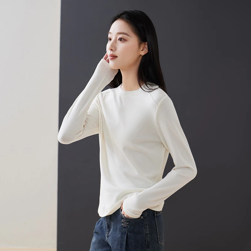 索菲丝尔2025春季新款基础款圆领纯色套头长袖T恤打底衫女517026