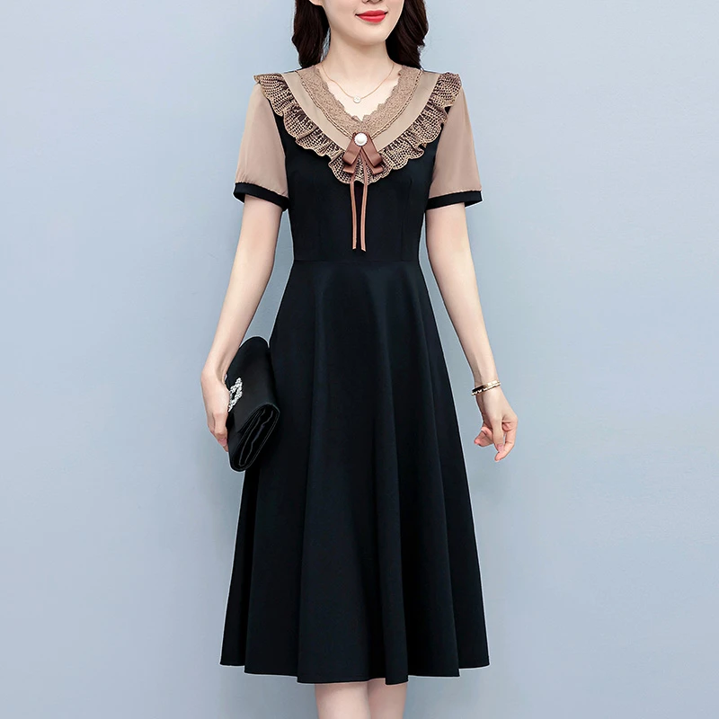 名媛气质假两件套大码女装胖时尚修身中长款夏季新款短