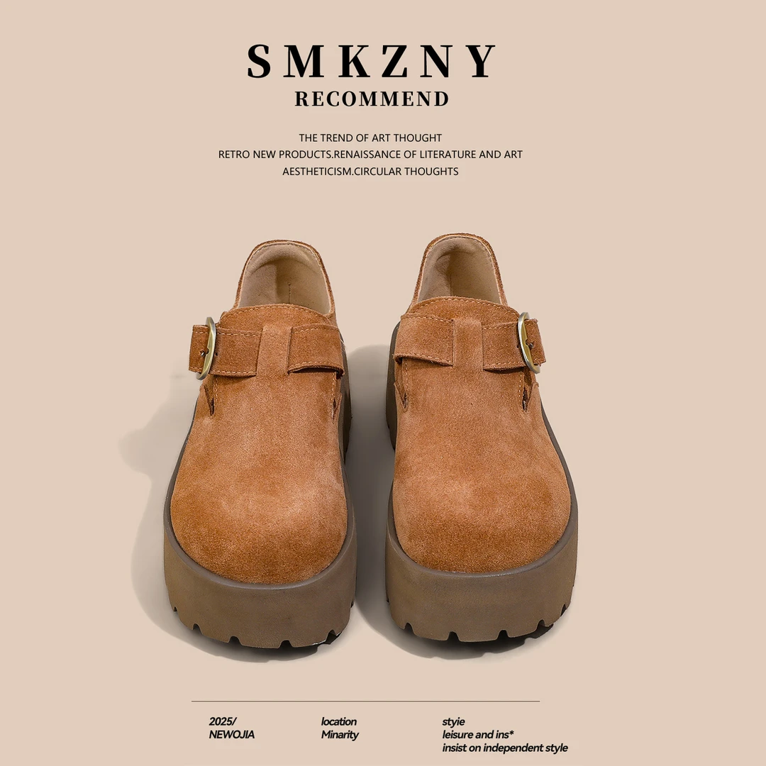 真皮厚底松糕勃肯鞋女2025新款秋季百搭时尚玛丽珍单鞋圆头乐福鞋