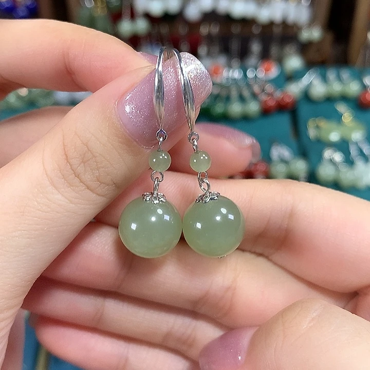 和田玉银S925镶嵌耳饰天然卡12mm左右冰晴水