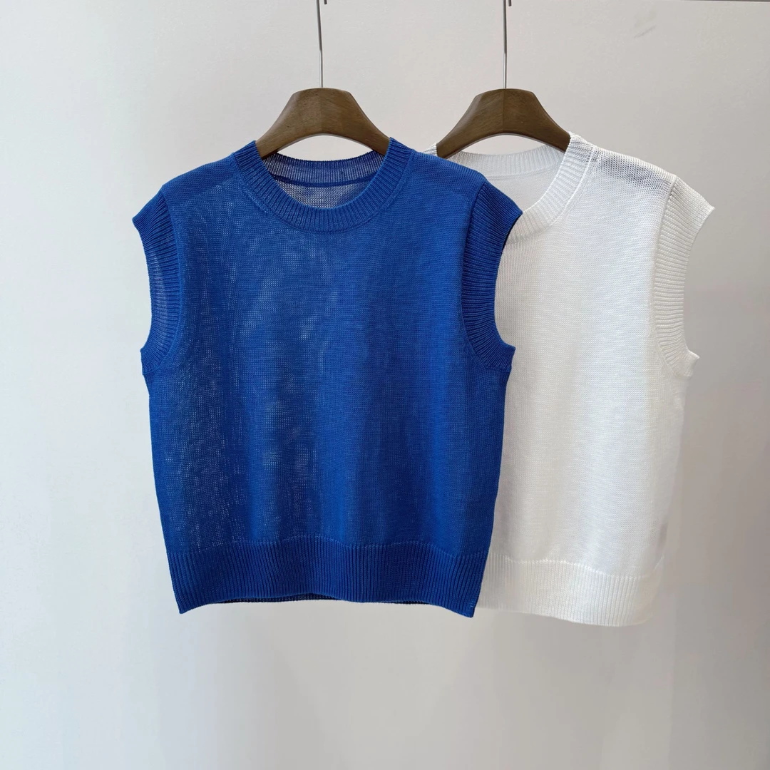 夏季短袖圆领无袖蓝色时尚镂空套头款毛针织衫b207