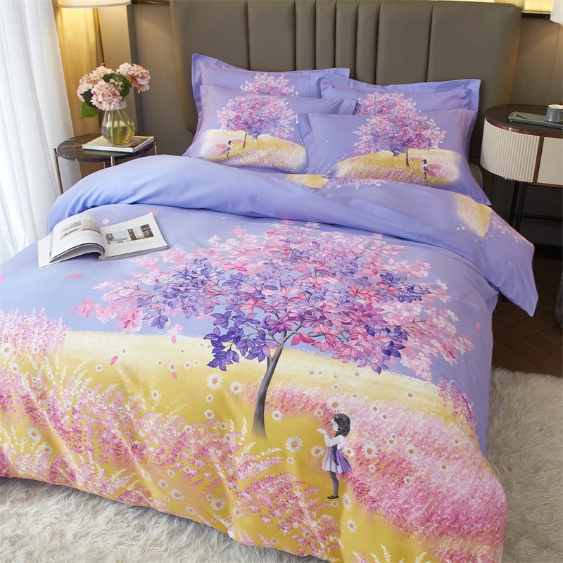 加厚全棉四件套纯棉床上用品斜纹印花单人磨毛被套亲肤棉被罩床单