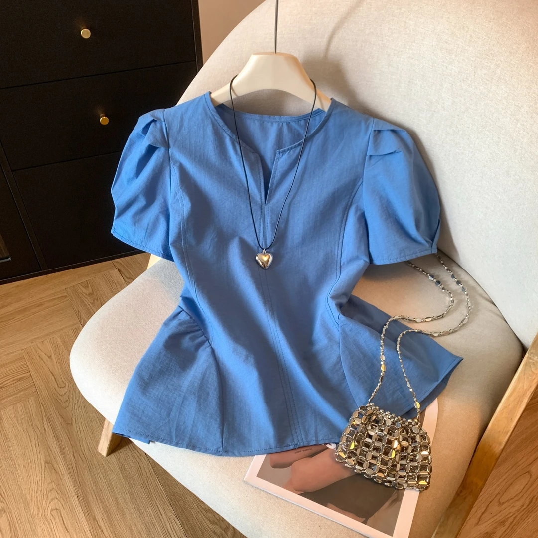 2025年夏季新款休闲收腰显瘦减龄甜美气质泡泡袖衬衫女士洋气小衫