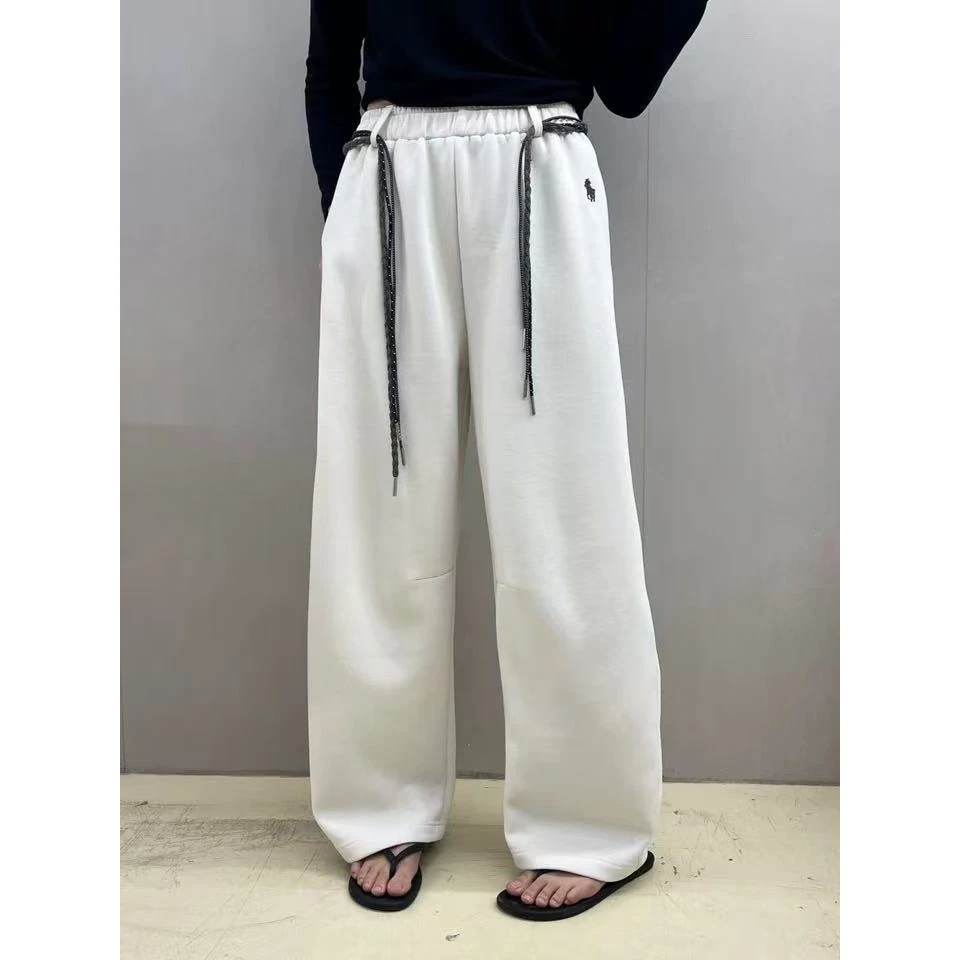 欧货2025秋季新款松紧腰配撞色腰带宽松显瘦弯刀阔腿裤长裤 R0924