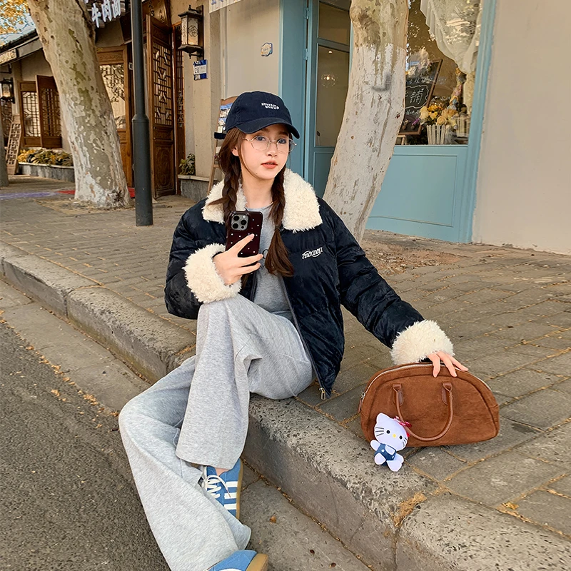 羊羔毛领短款棉服外套女冬季加厚棉袄棉衣小个子面包服2025年新款