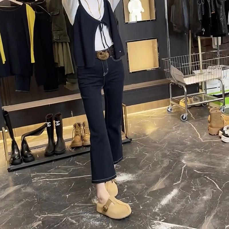 2025年秋季新款弹力牛仔裤大码小个子八分微喇裤薄款显瘦喇叭裤子