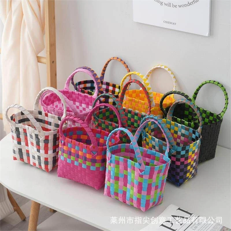 PE伴手礼编织菜篮子包 伴娘礼物手提编织篮卡通小方包塑料手提包