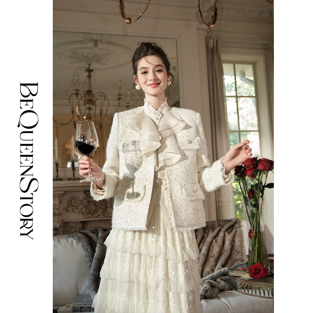 BeQueenStory【暮雪苍兰】羊毛混纺定制珠片正肩小香风外套新款2025