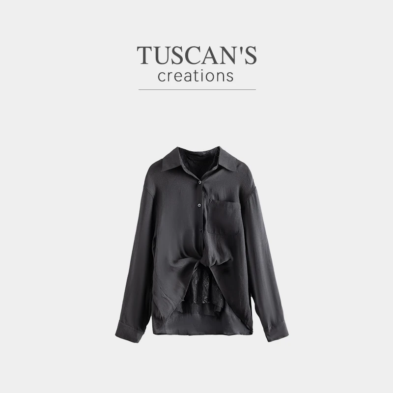 TUSCAN'S CREATIONS新品气质百搭设计款拼蕾丝纯色女衬衫时代双鱼
