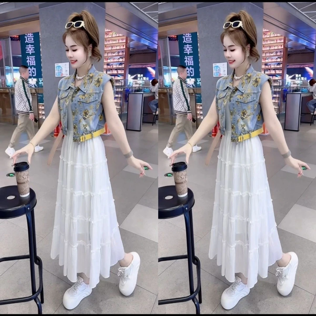 2025夏新款牛仔提花洋气时尚马甲宽带黑色过膝修身长裙超仙两件套