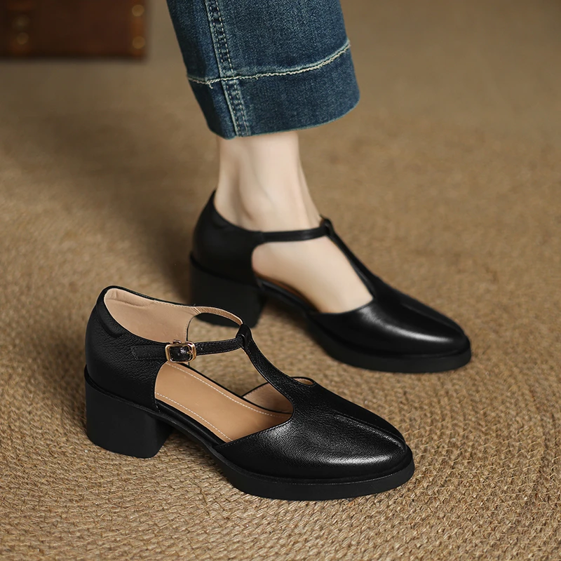 轻奢鞋子夏季新款真皮粗跟凉鞋百搭复古玛丽珍鞋包头舒适