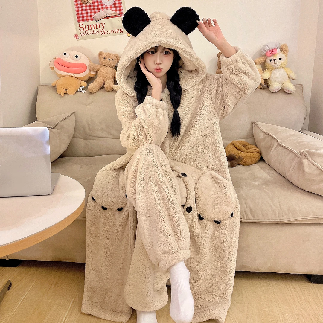 睡袍加厚加绒睡衣女秋冬法兰绒珊瑚绒可外穿家居服2025年新款套装