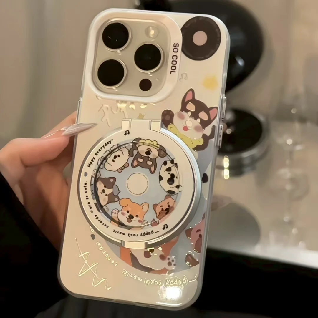 磨砂彩银适用于苹果/华为/小米/oppo/vivo卡通小狗CD支架手机壳
