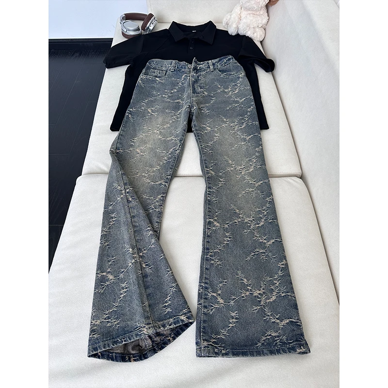 浅蓝色荆棘提花牛仔裤美式高街vibe裤子男夏季水洗直筒微喇弯刀裤