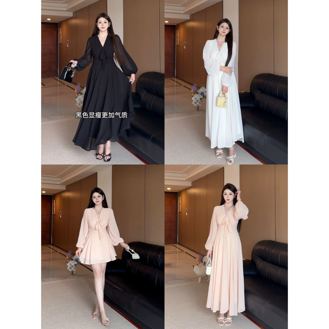 白77-大码女装法式复古气质粉色连衣裙v领蝴蝶结绑带长裙12764