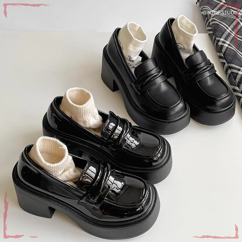 黑色增高厚底粗跟小皮鞋女2025新款夏季英伦风高跟一脚蹬乐福鞋子