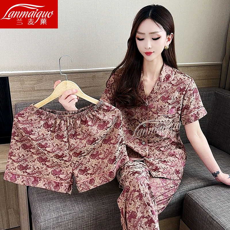 兰麦菓【花语缤纷】新款春夏季睡衣女士三件套短袖薄款家居服出门款