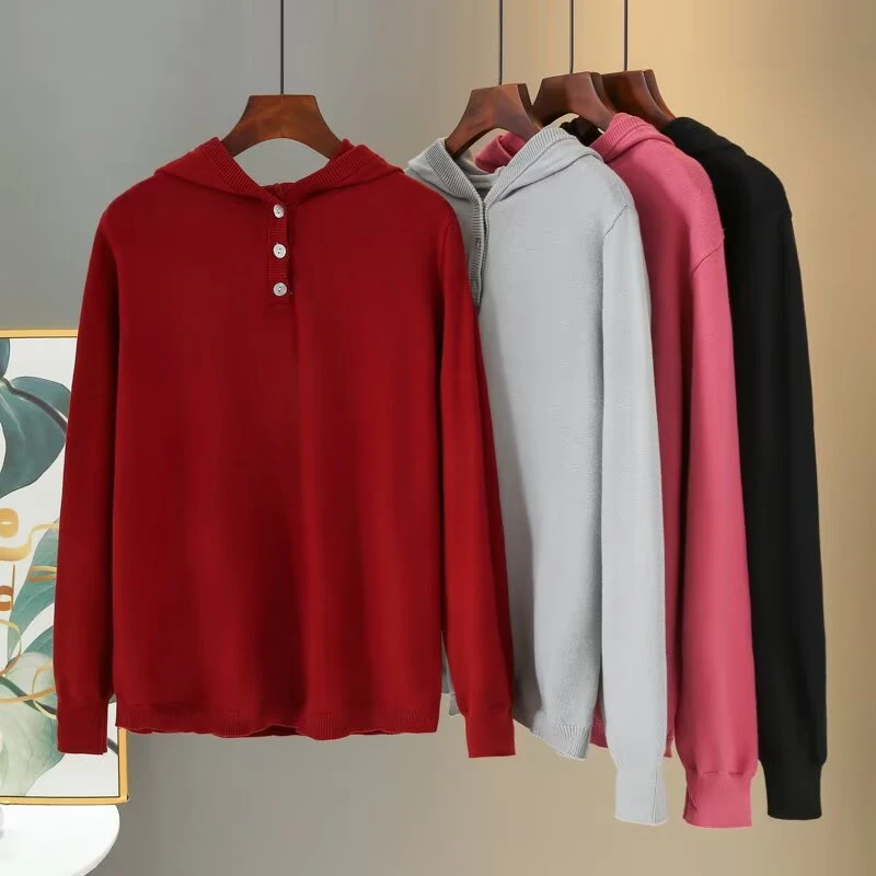 2025春季新款胖MM大码长袖纯色连帽套头款毛针织衫时尚百搭