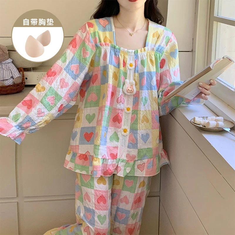 甜美风爱心格子睡衣女款春秋季爆款带胸垫长袖长裤家居服两件套装