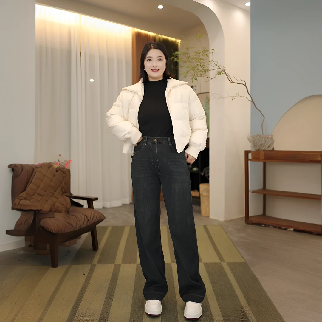 2223加大码胖mm秋冬新款加绒窄版超柔拖地高腰高弹真水洗牛仔裤