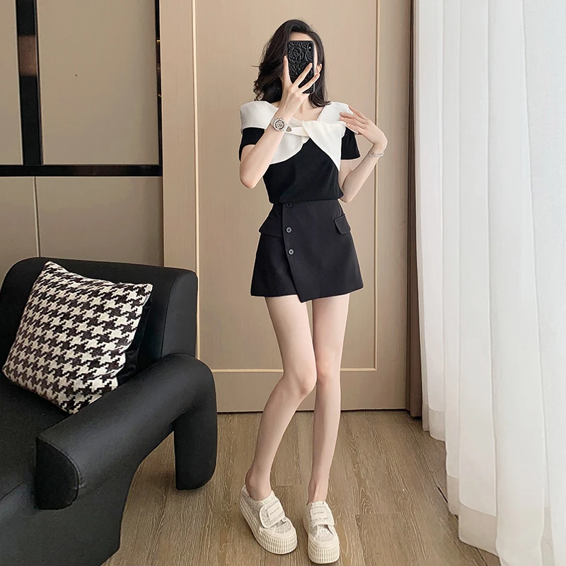 2025夏季新品时尚洋气交叉领短袖T恤洋气衣服女夏季女装套装短裙