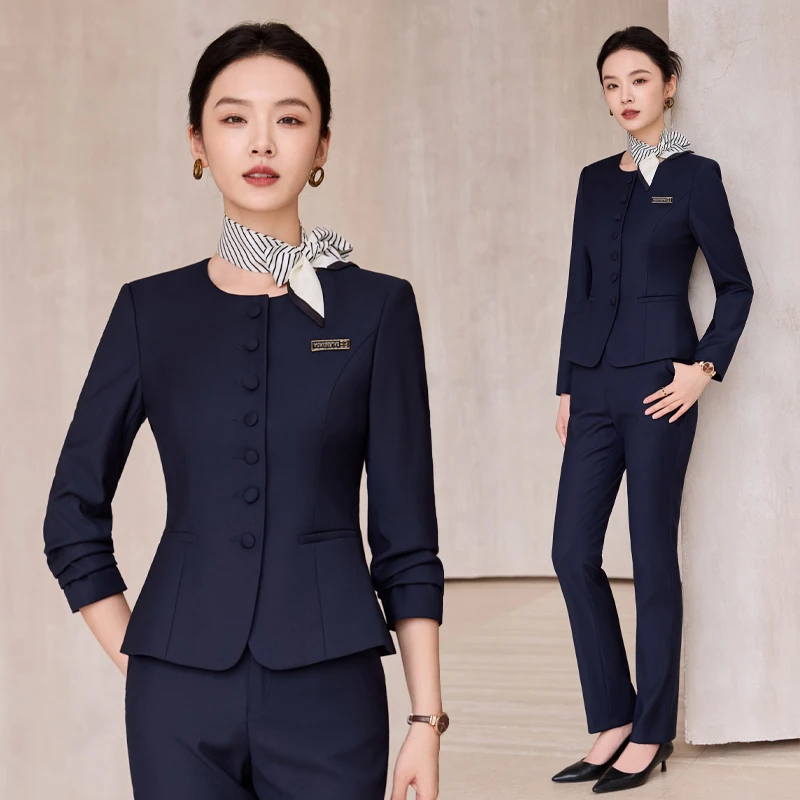 春秋新款职业西装套装女蓝色复古法式修身小众设计高级感气质通勤