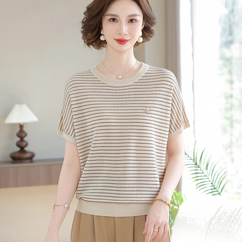 妈妈装夏季新款冰丝短袖条纹T恤中老年女装时尚洋气小衫减龄套装