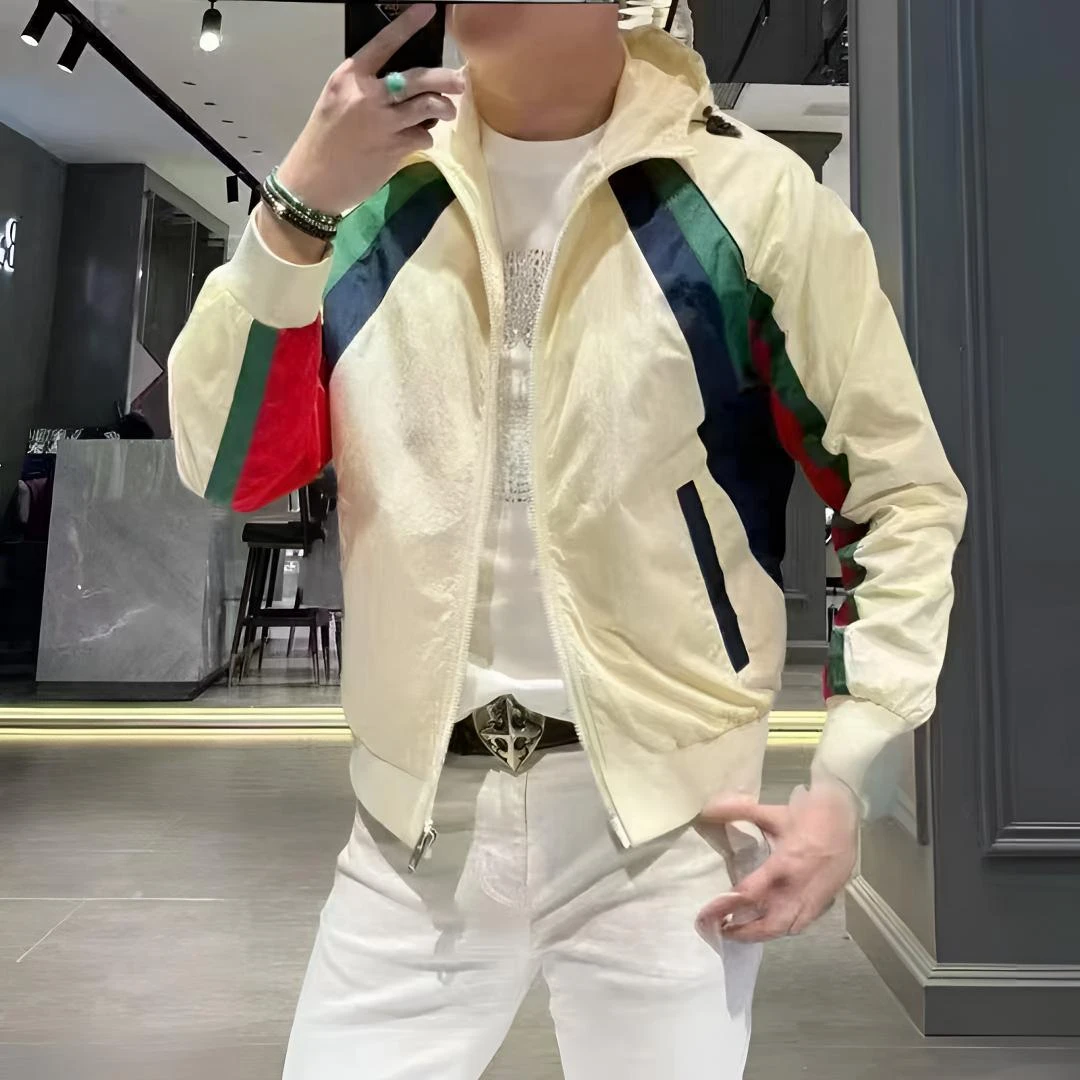 时尚百搭拼色连帽夹克外套男春季新款男士修身帅气拼接潮流上衣薄