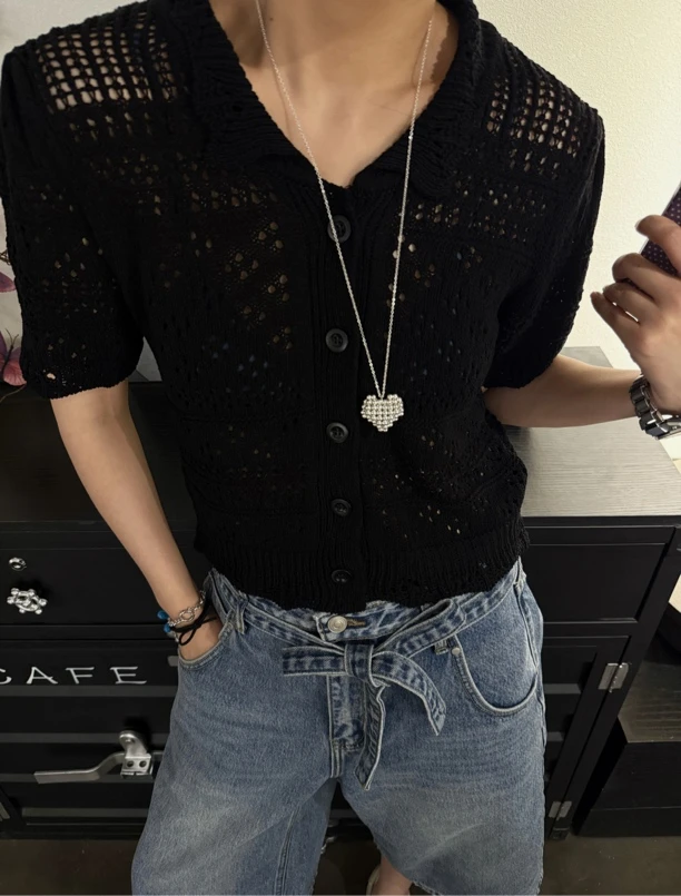 Ada-xixi/韩系polo领镂空上衣