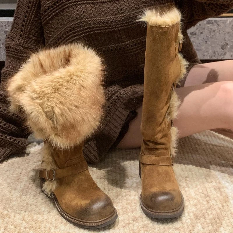莫斯科俄式穿搭长筒雪地靴女2025冬季新款厚底加绒保暖毛毛棉鞋子