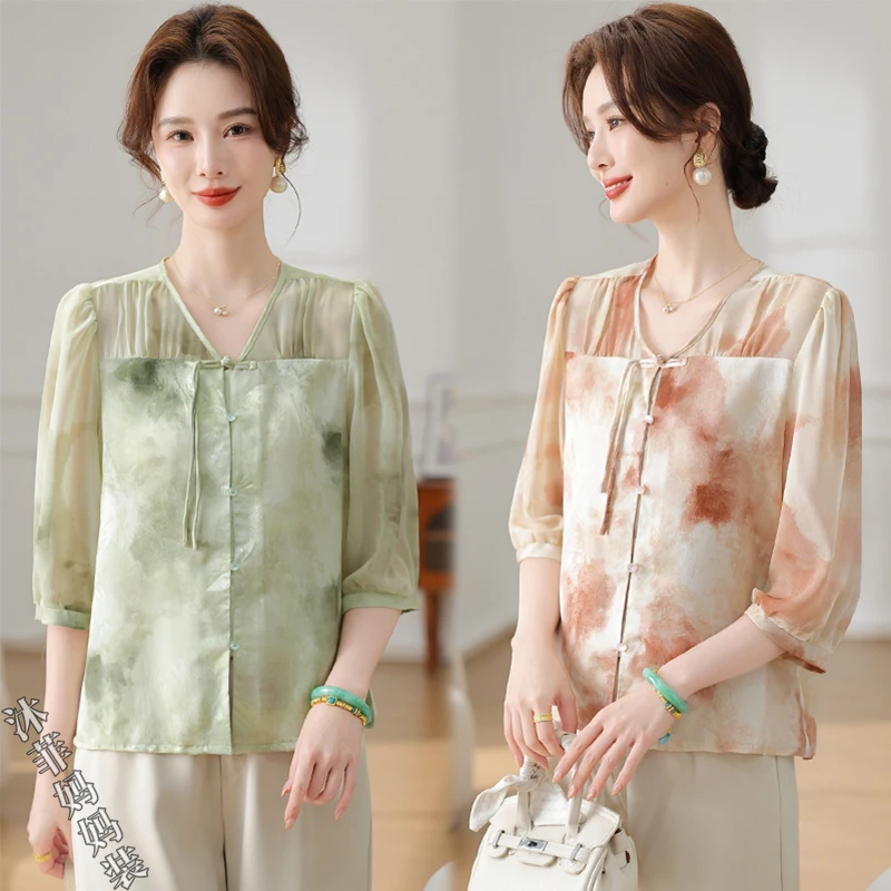 新中式国风气质妈妈装提花显瘦小衫上衣中老年女中袖夏季新款衬衫