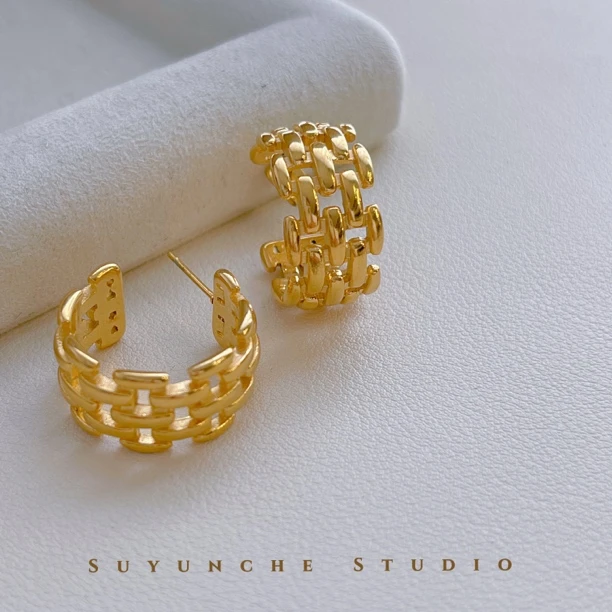 钛钢耳饰 Suyunche2539金色女欧美耳环链条耳饰编织百搭耳圈