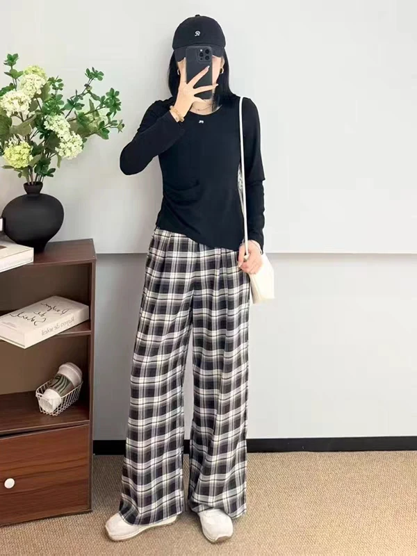 【仪陇衣世界】C97517秋季上新女士休闲黑白格网红百搭休闲裤